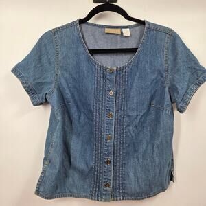 VTG Denim Short Sleeve Top Liz Claiborne Lizwear Blue Button Front Baby Doll 6